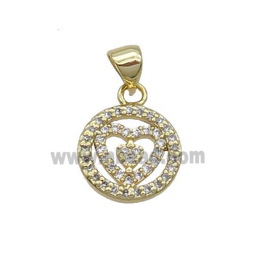 Copper Circle Pendant Pave Zircon Heart Gold Plated