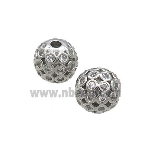 Copper Round Beads Pave Zircon Hollow Platinum Plated
