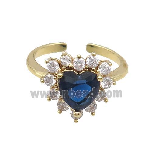 Copper Ring Pave Zircon Blue Crystal Heart Gold Plated