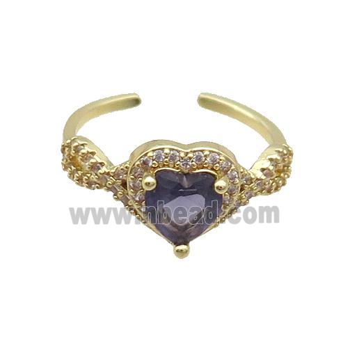 Copper Ring Pave Zircon Purple Crystal Heart Gold Plated