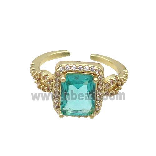 Copper Ring Pave Zircon Green Crystal Rectangle Gold Plated