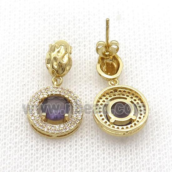 Copper Stud Earring Pave Zircon Purple Crystal Gold Plated
