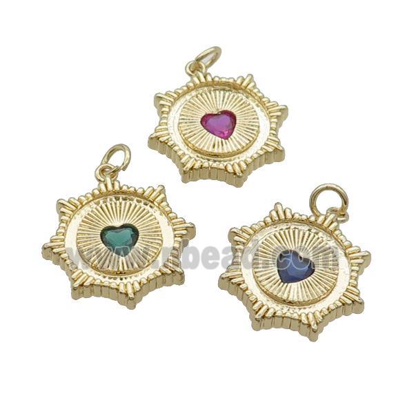 Copper Sun Pendant Pave Crystal Heart Gold Plated Mixed