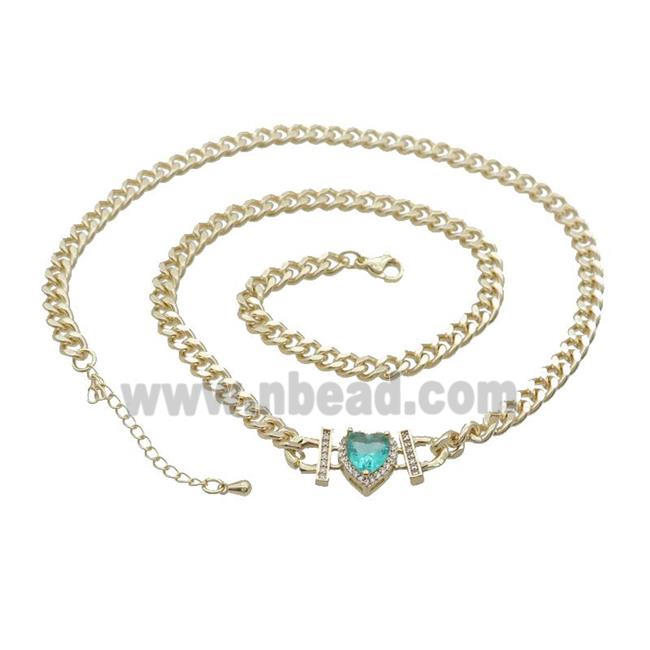 Copper Necklace Pave Aqua Crystal Heart Gold Plated