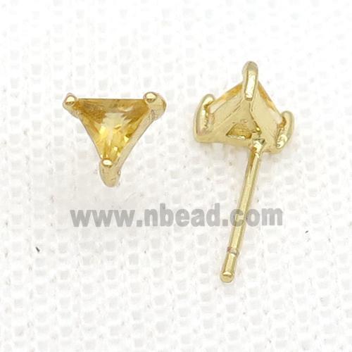 Copper Stud Earring Pave Zircon Yellow Crystal Triangle Gold Plated