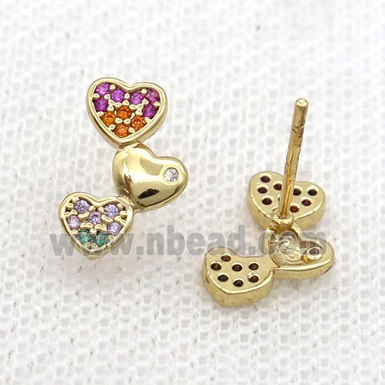 Copper Stud Earring Pave Zircon Heart Gold Plated