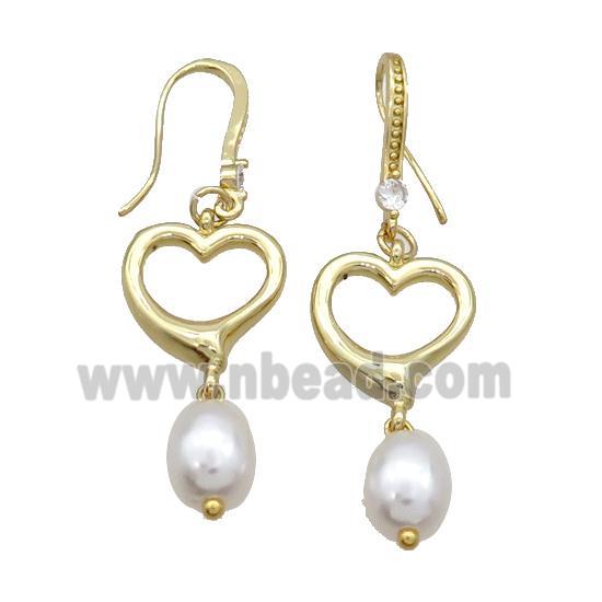 Copper Hook Earring Pave Zircon Heart Pearlized Shell Gold Plated