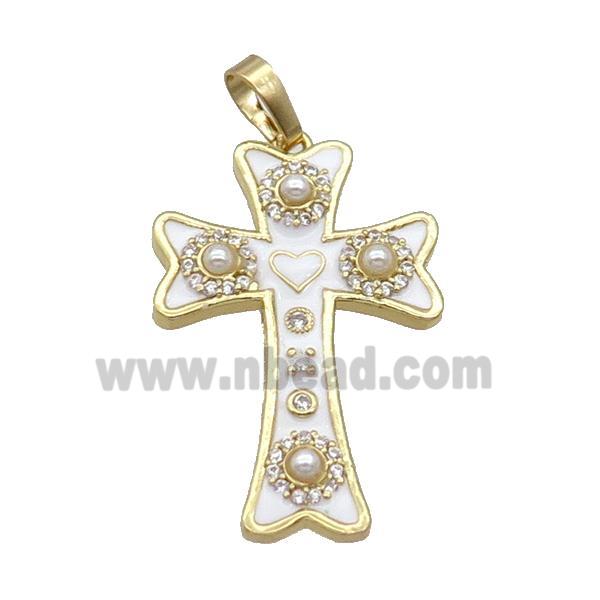 Copper Cross Pendant Pave Zircon White Enamel Gold Plated