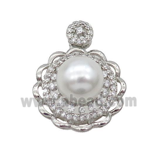 Copper Pendant Pave Pearlized Shell Flower Platinum Plated