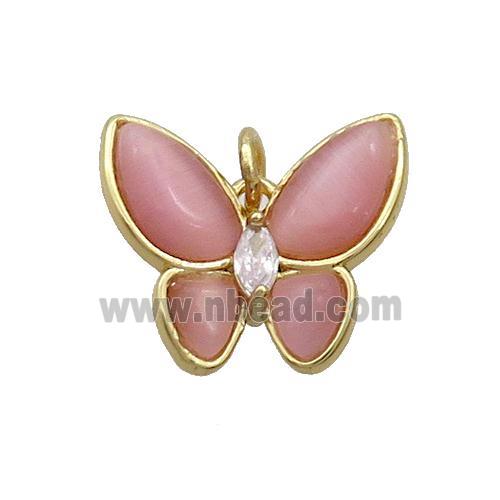 Copper Butterfly Pendant Pave Pink Catseye Gold Plated