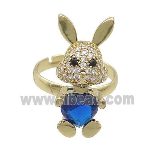 Copper Rabbit Ring Pave Zircon Blue Crystal Adjustable Gold Plated