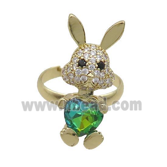 Copper Rabbit Ring Pave Zircon Green Crystal Adjustable Gold Plated
