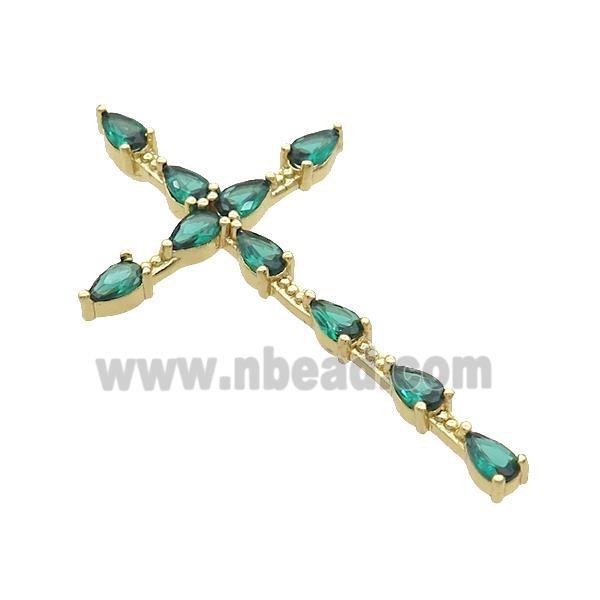 Copper Cross Pendant Pave Green Crystal Glass Gold Plated