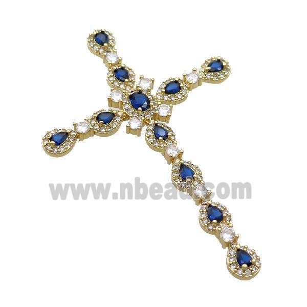 Copper Cross Pendant Pave Blue Crystal Glass Gold Plated