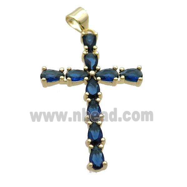 Copper Cross Pendant Pave Blue Crystal Glass Gold Plated