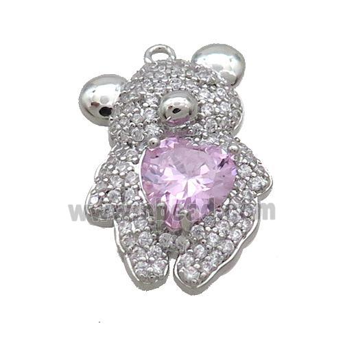 Copper Bear Pendant Pave Zircon Pink Heart Platinum Plated