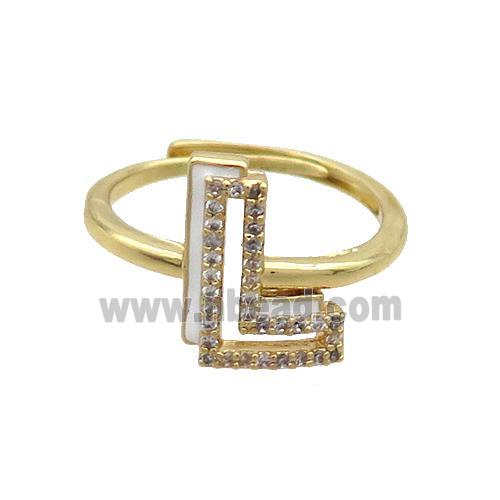 Copper Ring Pave Zircon L-Letter Adjustable Enamel Gold Plated