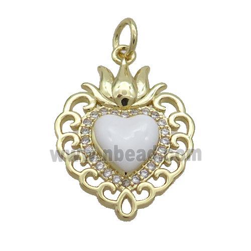 Copper Heart Pendant Pave Zircon White Enamel Gold Plated