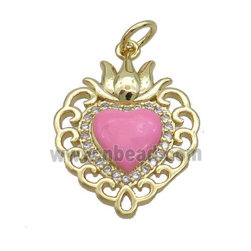 Copper Heart Pendant Pave Zircon Pink Enamel Gold Plated