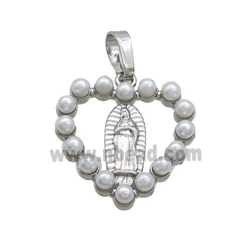 Copper Heart Pendant Pave Pearlized Plastic Virgin Mary Platinum Plated