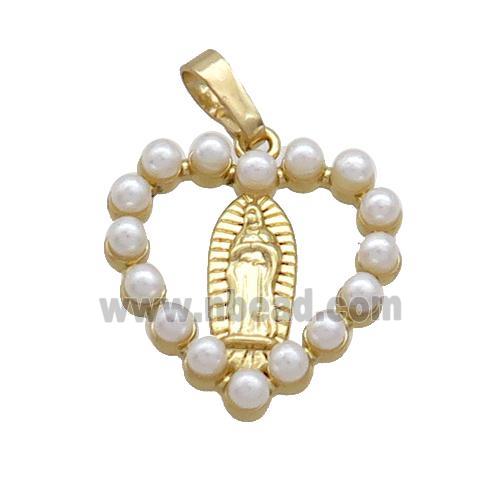 Copper Heart Pendant Pave Pearlized Plastic Virgin Mary Gold Plated