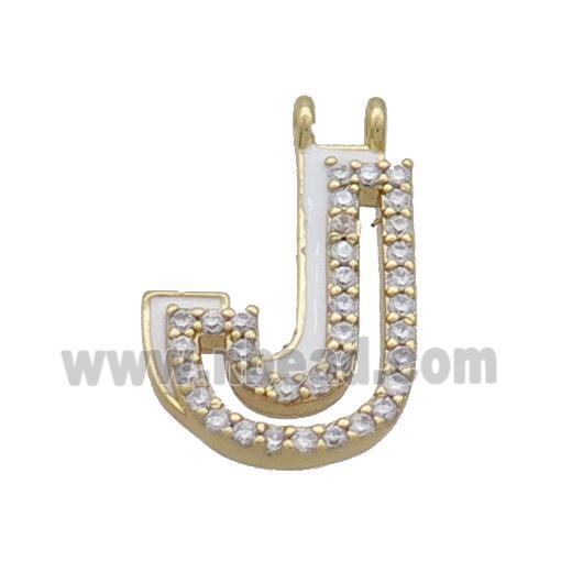 Copper Pendant Pave Zircon White Enamel Letter-J 2loops Gold Plated