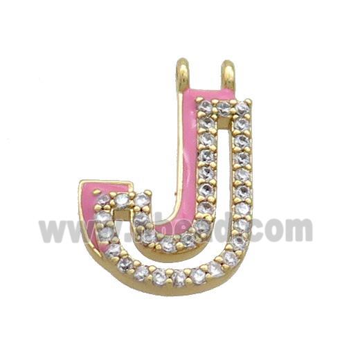 Copper Pendant Pave Zircon Pink Enamel Letter-J 2loops Gold Plated