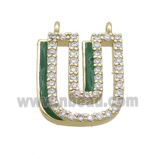 Copper Pendant Pave Zircon Green Enamel Letter-U 2loops Gold Plated