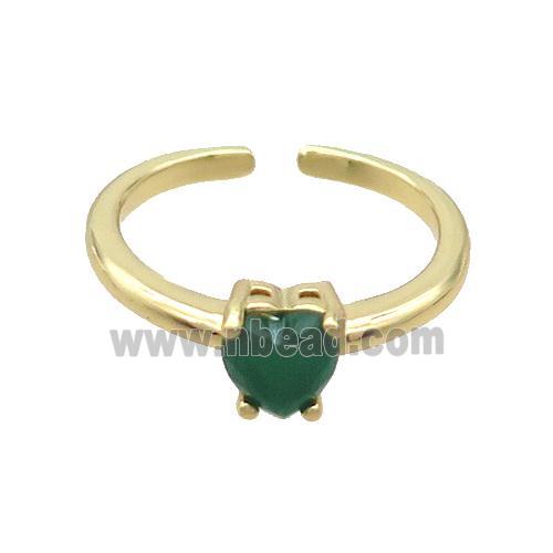 Copper Ring Pave Green Crystal Glass Heart Gold Plated