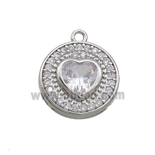 Copper Circle Pendant Pave Zircon Heart Platinum Plated