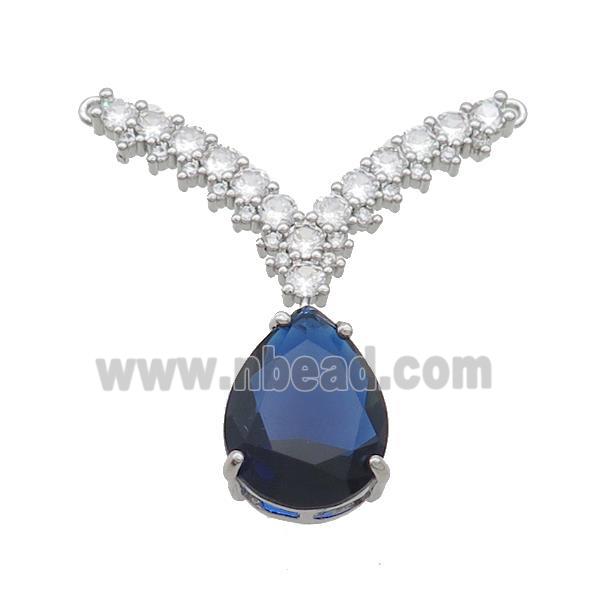 Copper Pendant Pave Blue Crystal Glass Teardrop 2loops Platinum Plated