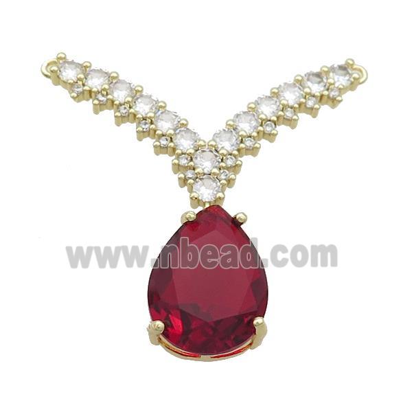 Copper Pendant Pave Red Crystal Glass Teardrop 2loops Gold Plated