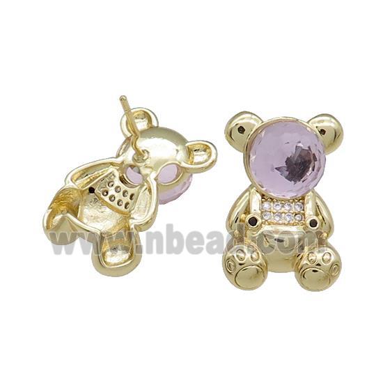 Copper Bear Stud Earrings Pave Zircon Crystal Glass Gold Plated