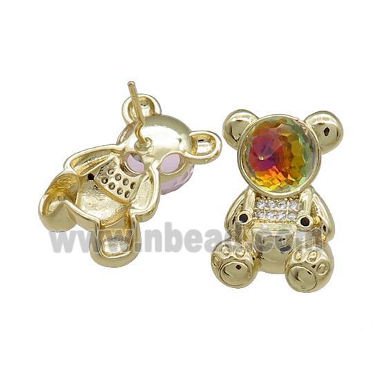 Copper Bear Stud Earrings Pave Zircon Crystal Glass Gold Plated