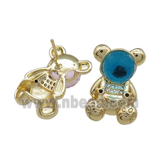 Copper Bear Stud Earrings Pave Zircon Crystal Glass Gold Plated