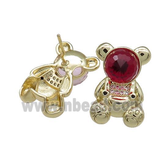 Copper Bear Stud Earrings Pave Zircon Crystal Glass Gold Plated