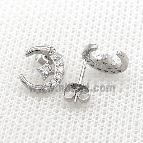 Copper Stud Earrings Pave Zircon Moon Star Platinum Plated