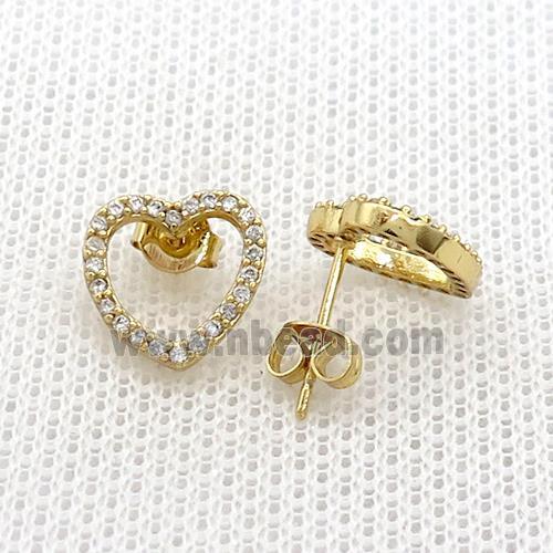 Copper Stud Earrings Pave Zircon Heart Gold Plated