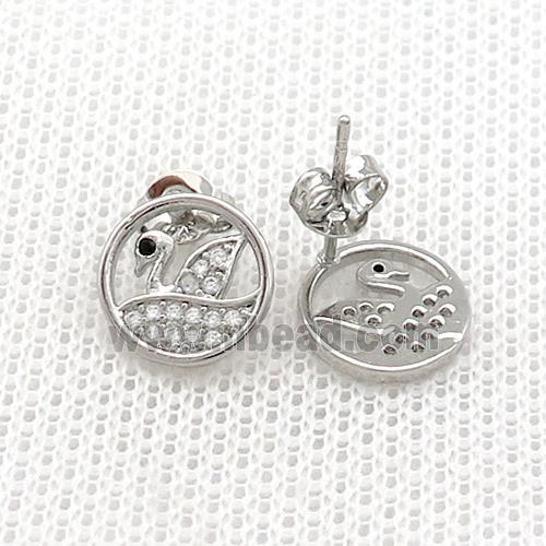 Copper Stud Earrings Pave Zircon Swan Platinum Plated