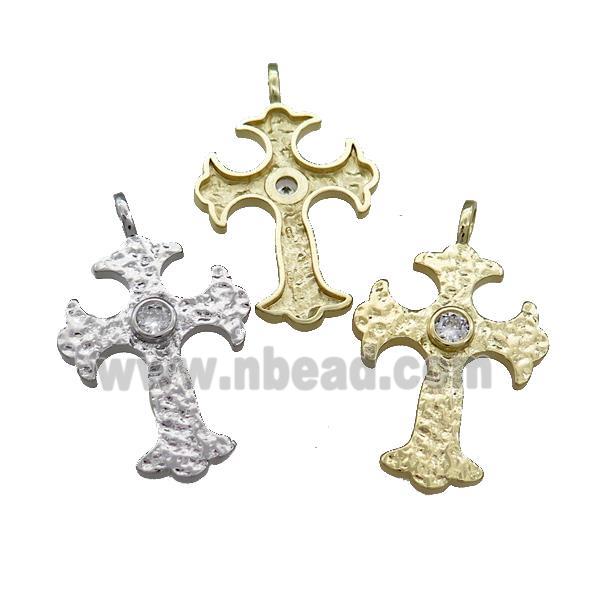 Copper Cross Pendant Pave Zircon Hammered Mixed