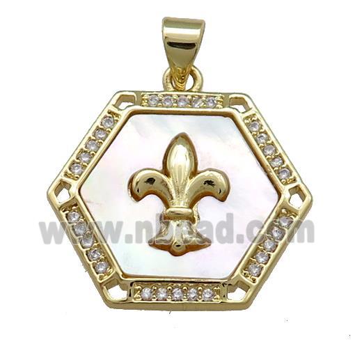 Copper Hexagon Pendant Pave Shell Zircon Fleur De Lis 18K Gold Plated