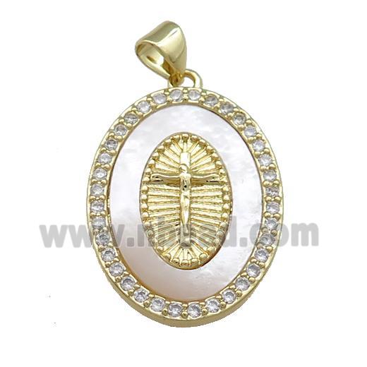 Copper Oval Pendant Pave Shell Zircon Cross Medal Charms 18K Gold Plated