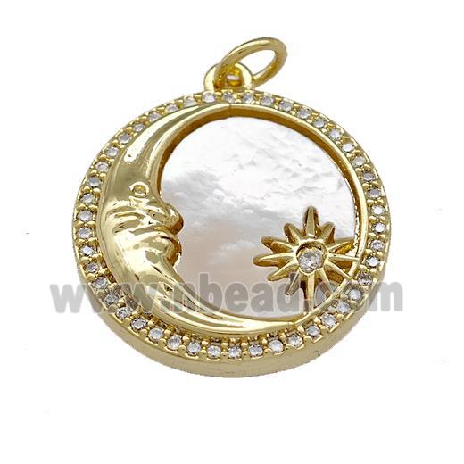 Moon Charms Copper Circle Pendant Micro Pave Shell Zirconia 18K Gold Plated
