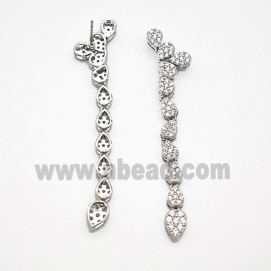 Copper Stud Earrings Micro Pave Zirconia Teardrop Link Stick Platinum Plated