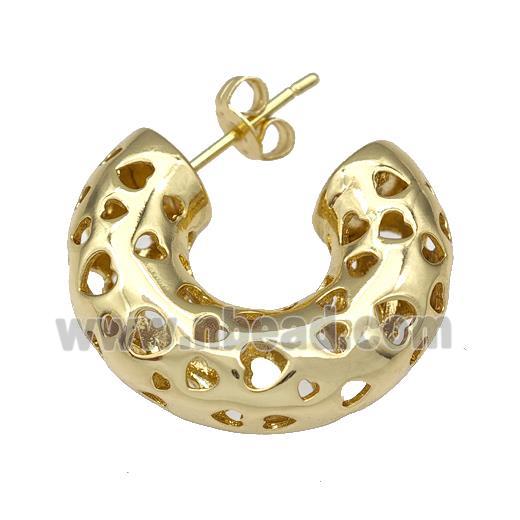 Copper Stud Earrings Hollow Heart C-Shape Gold Plated