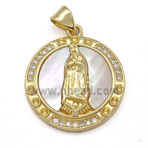 Jesus Charms Copper Pendant Pave Shell Zircon Circle Religious 18K Gold Plated