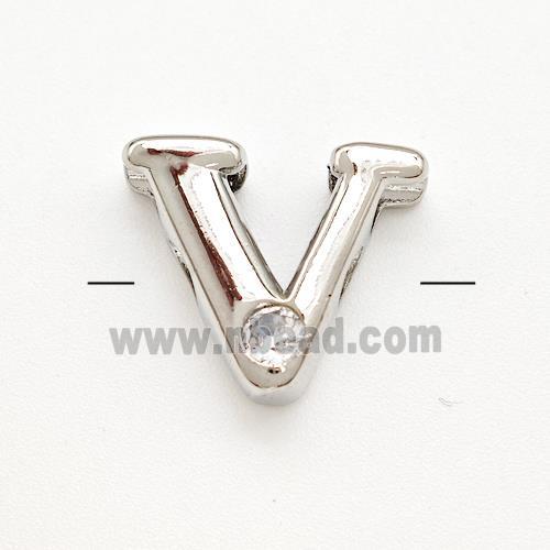 Copper Letter-V Beads Pave Zircon Platinum Plated