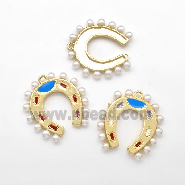 Copper Horseshoe Pendant Pave Pearlized Resin Gold Plated Mixed