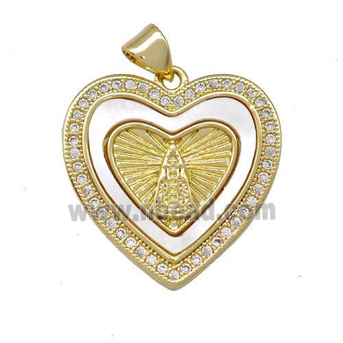 Virgin Mary Charms Copper Heart Pendant Pave Shell Zirconia 18K Gold Plated