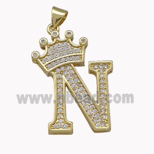Copper Letter-N Pendant Micro Pave Zirconia Crown Gold Plated